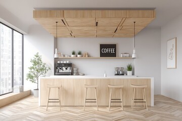 Minimalist coffee bar with wood accents and city view