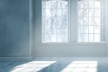 Sunlight streams through a large arched window illuminating a serene empty room with soft blue walls and a wooden floor