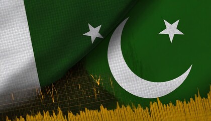 Two national flags overlapping, overlaid with financial chart