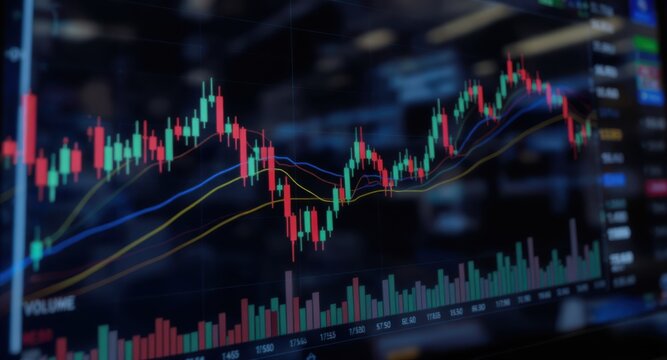 Dynamic Candlestick Chart with Moving Averages on Dark Digital Display