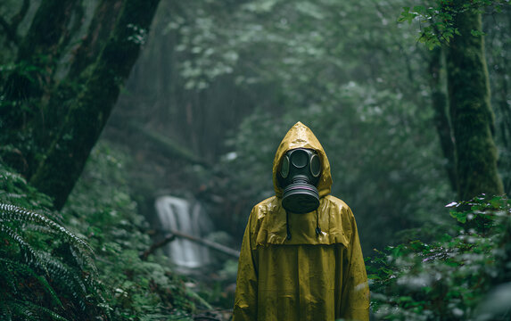 A person wearing a gas mask and a yellow raincoat stands in a dark, overgrown forest