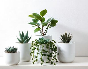 Fototapeta premium Green succulents and foliage plants in white pots image