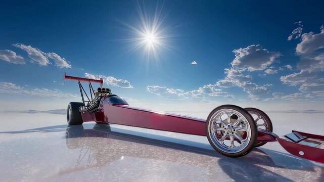 Top fuel dragster racing car on sunlit salt desert with clear sky