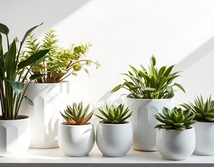 Fototapeta premium Lush green houseplants in white ceramic pots succulents greenery