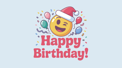 Joyful Birthday Emoji: Winking Smiley Face with Santa Hat and Balloons for a Fun Celebration