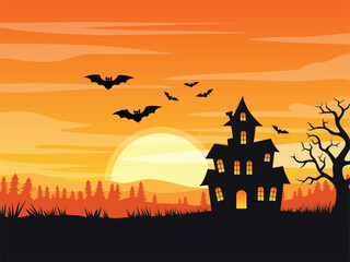 A spooky haunted house silhouette against a vibrant sunset with flying bats.