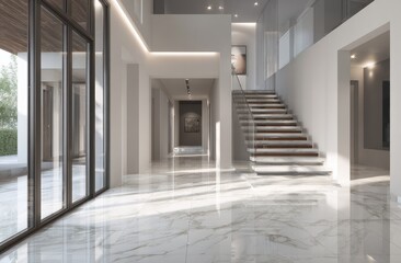 Sunlit marble-floored foyer with staircase and glass doors