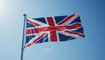 The Union Jack flag billows proudly in a clear blue sky.