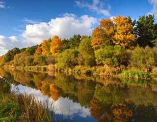 Autumnal riverbank reflected in calm water