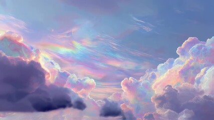 Brilliant iridescent rainbow colors illuminate fluffy clouds in a tranquil blue sky at holographic sunrise - Powered by Adobe