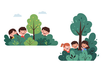 Joyful Kids Playing Hide and Seek Outdoors - Flat 2D Illustration