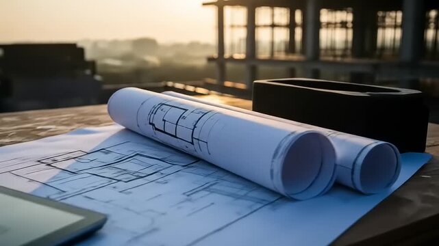 Construction Blueprint Review at Sunrise on Job Site, Revising Architectural Plans at Dawn for Construction Project