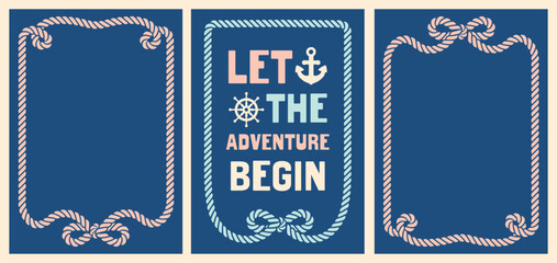 Vertical nautical-themed greeting card set with rope frames and customizable space. Great for invitations, gift tags, social media quotes, and sea-themed events