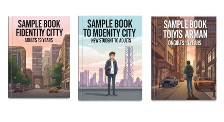 A collection of three illustrated sample book cover designs with an urban theme for young adult fiction.