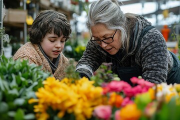 Experienced woman florist assisting a young employee with Down syndrome in a garden center, promoting inclusivity and mentorship in the workplace, Generative AI