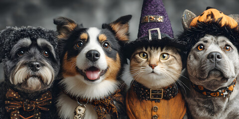 Flat Candid Halloween Pet Costume Contest concept as A candid shot of pets dressed in Halloween costumes eagerly participating in a contest. The scene captures the humor and excitement ideal for ads p