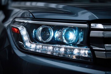 Close-up of a sleek, modern car headlight with LED lighting
