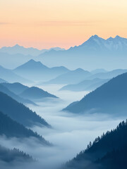 Obraz premium mountain landscape with clouds，mountains like wave，flat design，green，light green，ink painting
