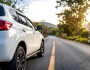 White SUV on a winding road through a scenic landscape at sunset