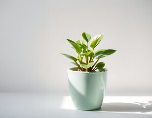 Fototapeta premium Green plant in light blue pot with natural light potted plant green leaves