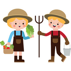Illustration of Boy and Girl Farmers with Harvest