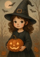 Charming witch with pumpkin.