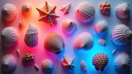 Seashells and starfishes arrangement marine life collection