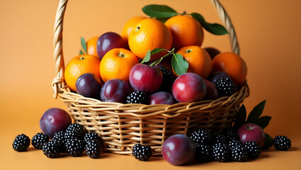 Fresh Oranges, Juicy Plums, and Ripe Blackberries Displayed in a Woven Wicker Basket