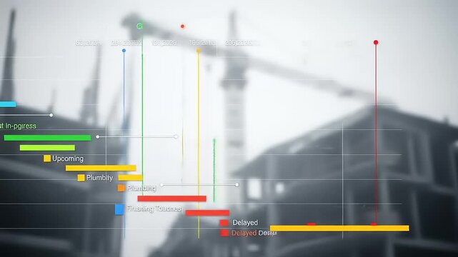 Construction project timeline showing progress on a building site, Gantt chart for building progress against a blurred building background