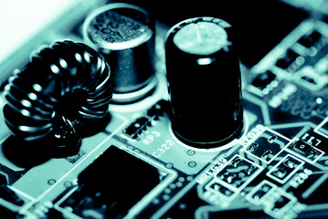 Abstract, Close up at electronic circuits, we see the technology of the mainboard, which is the...
