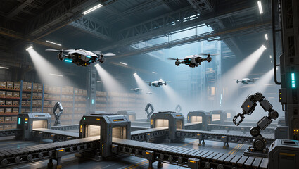 Futuristic warehouse with drones and robotic arms in action