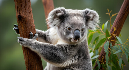 Naklejka premium Animal Wild Life of a fluffy koala bear clinging to a tree branch, looking around in its Australian bush habitat.