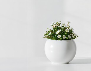 White flowers in a round white pot green leaves round pot
