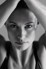Close up portrait of a woman with sweat on her face after exercise. Fitness, beauty and healthy lifestyle concept.