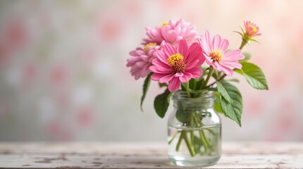 Small glass jar with pink flowers on a white wooden surface with soft light