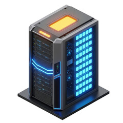 Server rack with blue and orange lights isolated on a transparent background