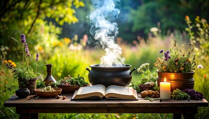 Witch’s table with spellbook, herbs, and smoky cauldron 