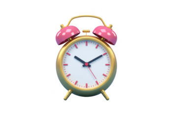 A vintage gold alarm clock with pink bells and a white face, isolated on a transparent background