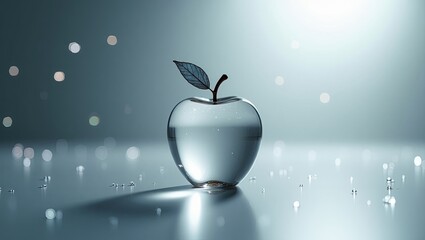 Transparent glass apple with leaf on reflective surface with bokeh lights. Minimalist elegant design symbolizing purity and knowledge