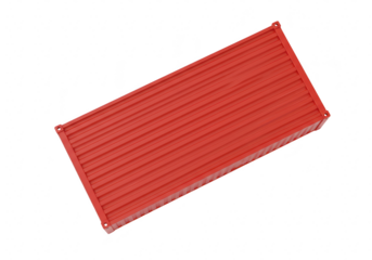 A bright red shipping container, viewed from an elevated angle, rests isolated on a clean transparent background, symbolizing global trade