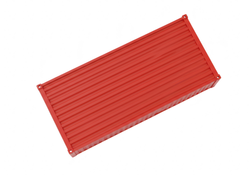 A bright red shipping container, viewed from an elevated angle, rests isolated on a clean transparent background, symbolizing global trade