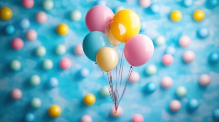 Pastel balloons against a backdrop of many small, pastel spheres