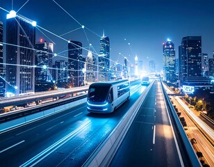 Futuristic electric buses on a city highway at night