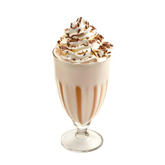 Delicious creamy milkshake topped with whipped cream chocolate syrup and sprinkles isolated on transparent background