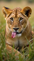 Obraz premium A lioness resting in the grass with her tongue sticking out slightly
