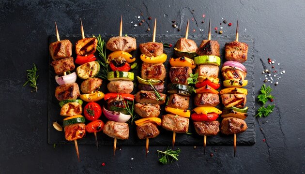 Top view of juicy grilled meat skewers with charred vegetables on dark black background