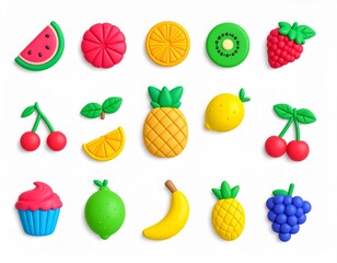 Sweet fruits icon set. Watermelon, kiwi, orange, cherry, strawberry, raspberry, pinea