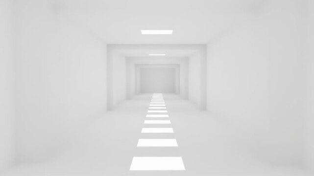 Minimalist white empty corridor with repeating geometric architecture and light, abstract space.