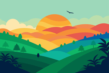 Obraz premium Vibrant rolling hills bathed in the warm glow of a stylized sunset with a lone bird soaring in the serene sky above