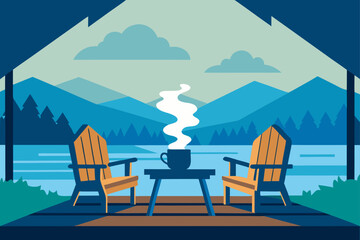Relaxing lakeside retreat with steaming coffee and mountain views